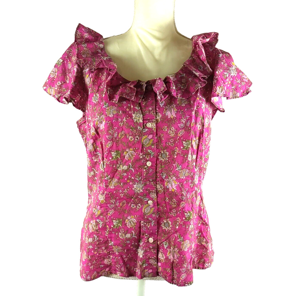 Chaps Women's Shirt Size 14 Dark Pink Flowers Ruffles Boho Hippy Fun